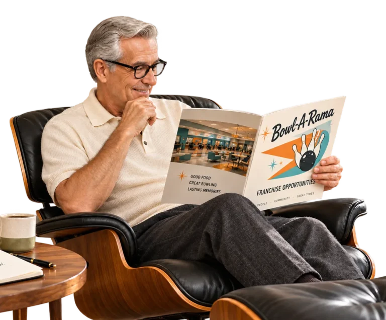 Aspiring franchisee reviews a marketing brochure for a franchise concept.