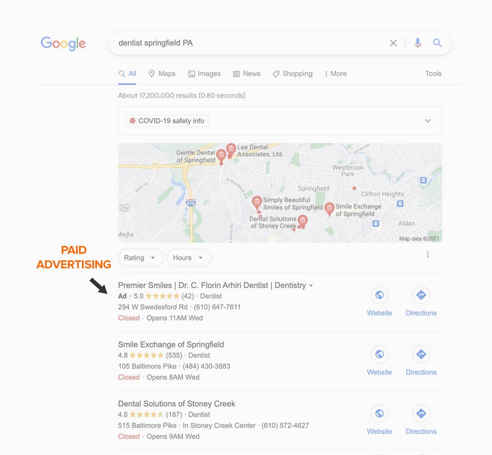 Gogle serp result page for digital ads example.