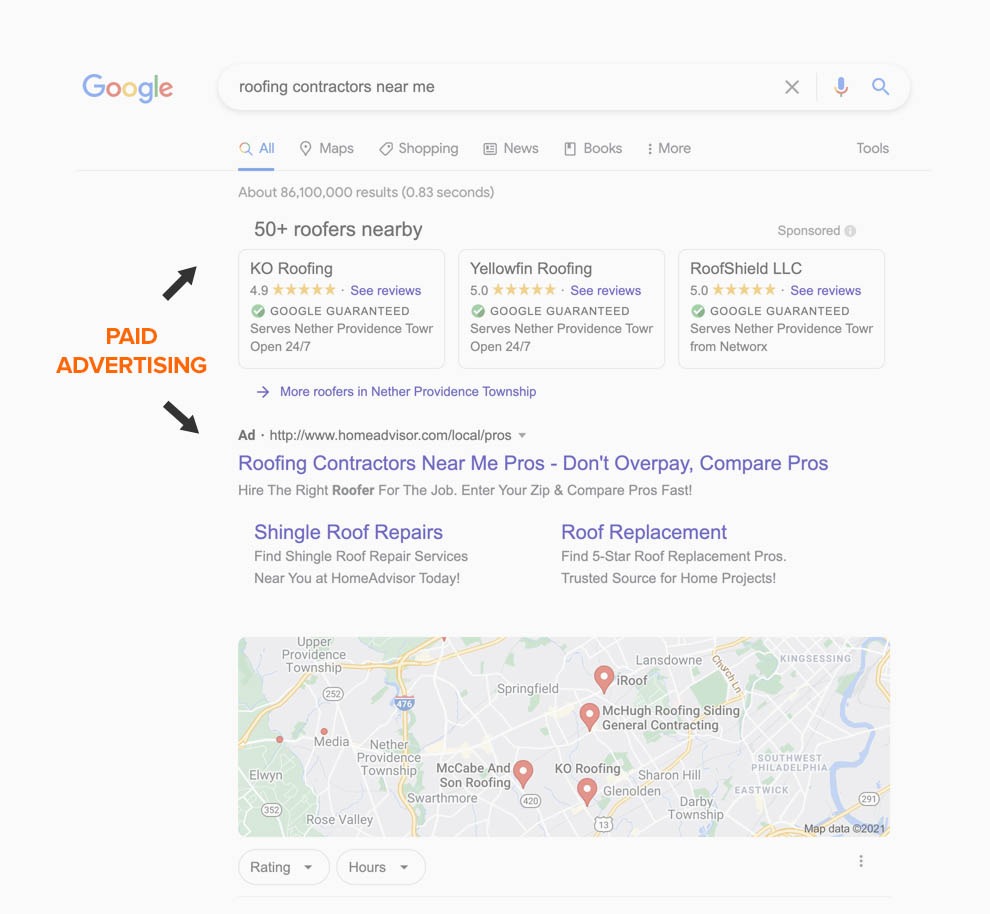 Gogle serp result page for Philadelphia paid advertising agency